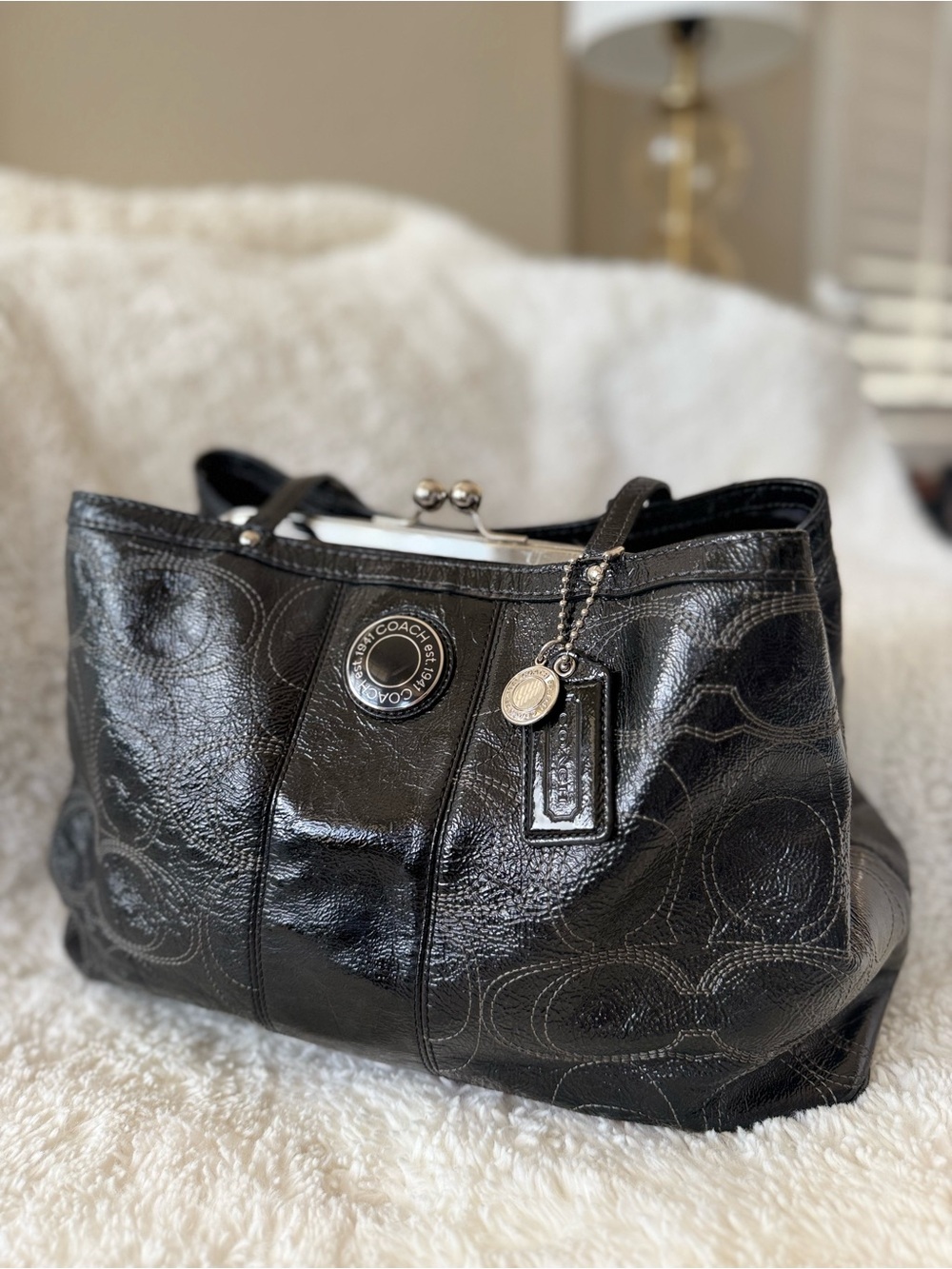 Coach Black Patent Signature Tote with Charm Tag